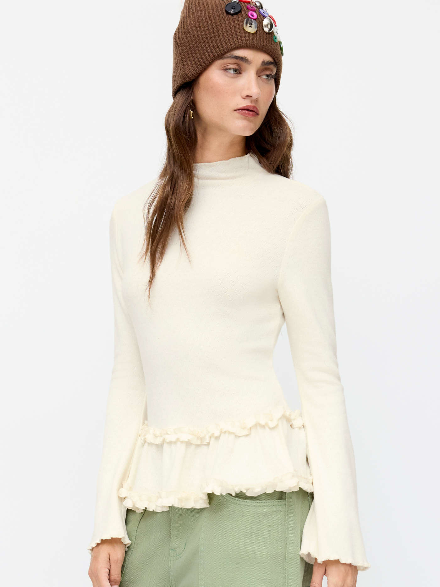 Knit Fabric High Neck Heart Pointelle Lettuce Trim Peplum Bell Sleeve Top For Daily Casual | Cider