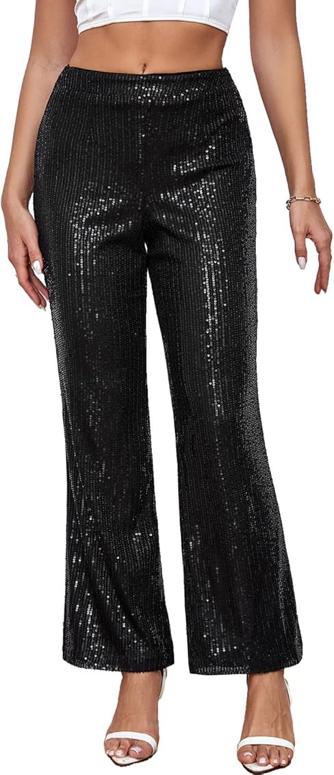 YRRTURGHT Womens High Waist Casual Loose Sparkle Sequin Shiny Wide Leg Flare Palazzo Pants Trousers | Amazon (US)