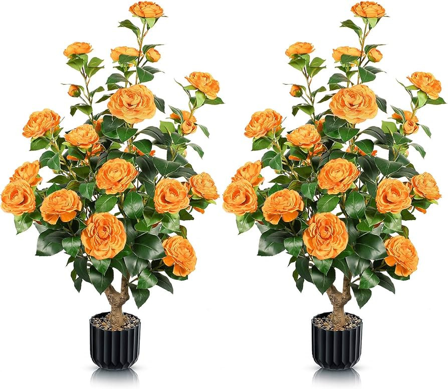 2 PCS Artificial Camellia Trees in Pot Orange Fake Flowers Trees Outdoor Faux Potted Tree with 24... | Amazon (US)