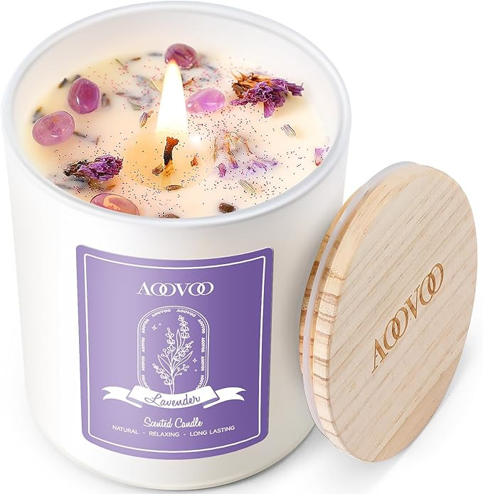 AOOVOO Lavender Scented Candles for Women - Aromatherapy Candle with Crystals Inside, 10oz Soy Ca... | Amazon (US)