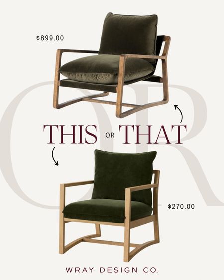 A rustic accent chair with a wood frame and olive green upholstery. Splurge at Kathy Kuo Home to save at Target. Home dupes for the win! 🙌🏼

#LTKStyleTip #LTKHome