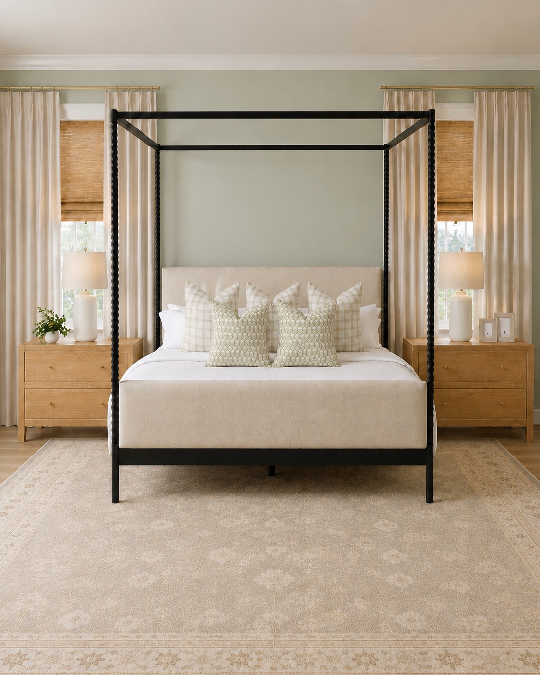 primary bedroom, master bedroom, bedroom decor, bedroom ideas, bedroom inspiration, bedroom makeover, canopy bed, black canopy bed, four poster bed, upholstered bed, king bed frame, wood nightstands, 3 drawer nightstand, wood dresser, 6 drawer dresser, bedroom dresser, neutral bedding, throw pillows, sage green bedroom, green bedroom, neutral bedroom, vintage style rug, washable rug, bedroom area rug, linen curtains, bamboo shades, woven shades, bedroom lamps, wall art, coastal bedroom, modern coastal, transitional bedroom, organic modern, timeless home decor, Studio McGee style, McGee and Co style, Serena and Lily style

#LTKSeasonal #LTKHome #LTKdayinmylife