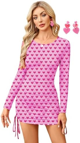 Women's Festival Dress - Crewneck Long Sleeve Adjustable Drawstring Mini Dress with Earrings | Amazon (US)