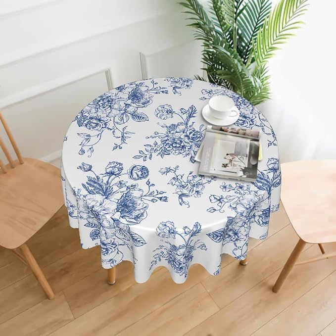 Kawani Blue White Floral Round Tablecloth 60 Inch Vintage Flower Table Cloth Elegant Rustic Polye... | Amazon (US)