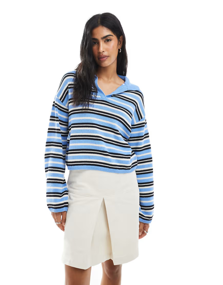 ASOS DESIGN compact knit long sleeve polo top in blue stripes-Multi | ASOS (Global)