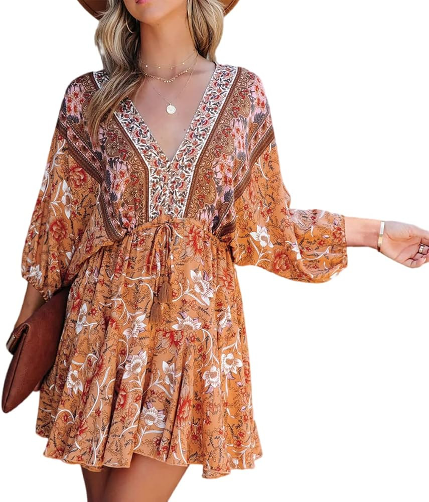 R.Vivimos Womens Summer Floral Dress 3/4 Sleeve Deep V Neck Boho Drawstring Backless Swing Mini D... | Amazon (US)