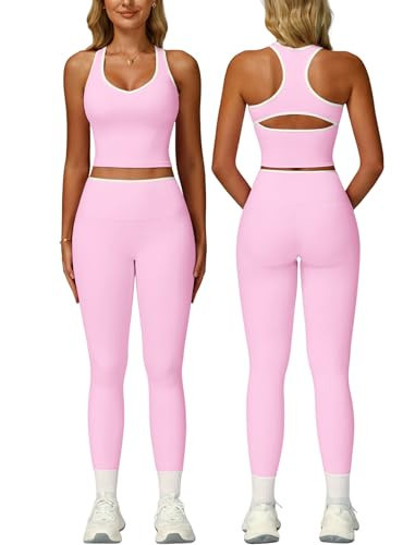 2 Piece Workout Sets for Women Racerback Color Block Tank Tops Matching High Waist Tummy Control Leggings Clothes Womens Two Piece Athletic Set Gym Wear Active Yoga Outfits Pink S | Amazon (US)