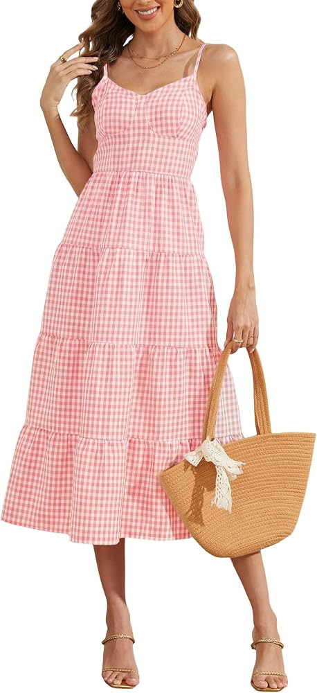 Women's 2026 Summer Maxi Dresses Spaghetti Strap Backless Gingham Plaid A Line Casual Beach Vacat... | Amazon (US)