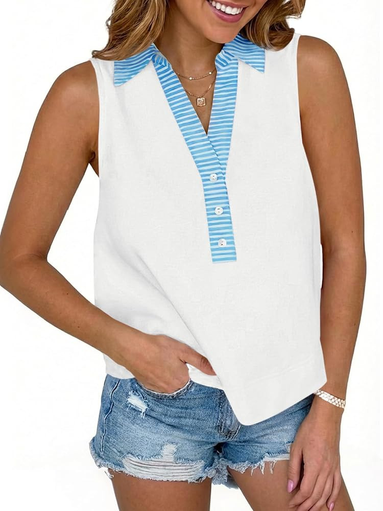 Tankaneo Womens V Neck Cropped Tank Tops Summer Dressy Casual Loose Fit Sleeveless Shirts Button ... | Amazon (US)
