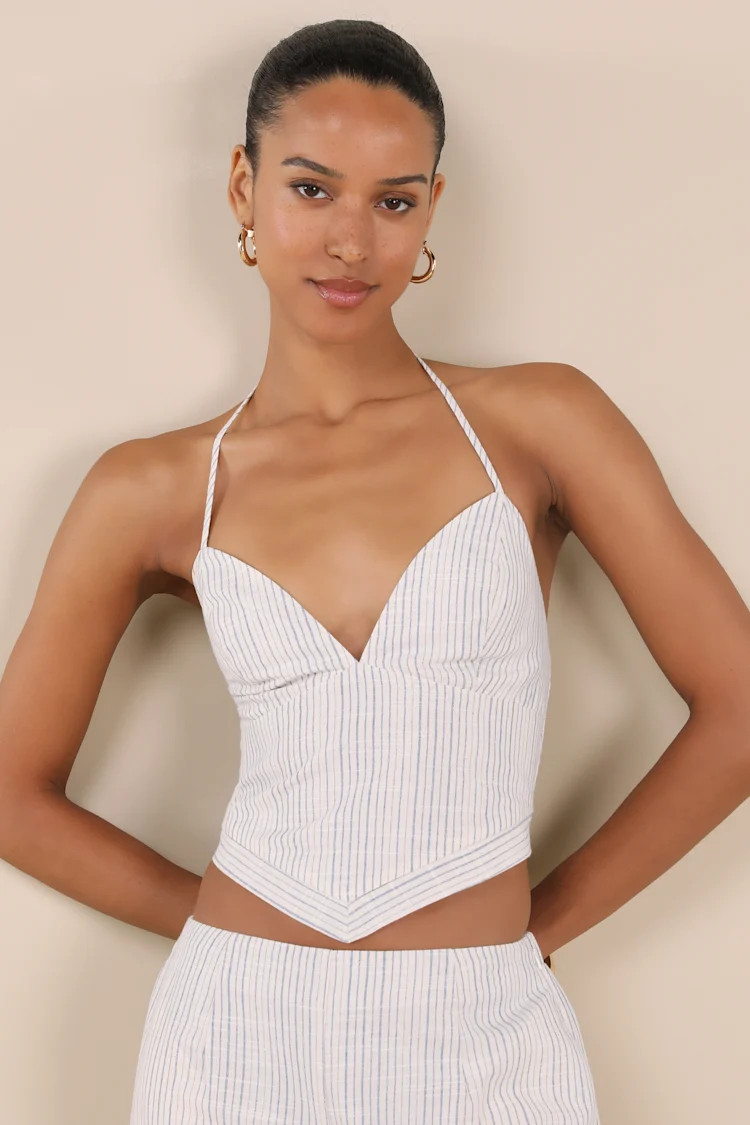 Anahita Cream and Blue Striped Halter Top | Lulus