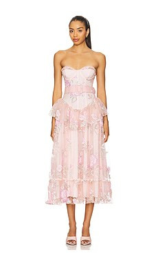 For Love & Lemons Emmeline Embroidery Midi Dress in Pink from Revolve.com | Revolve Clothing (Global)