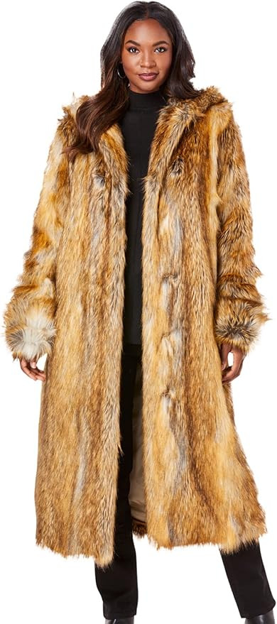 Roaman's Women's Plus Size Hooded Faux Fur Coat | Amazon (US)