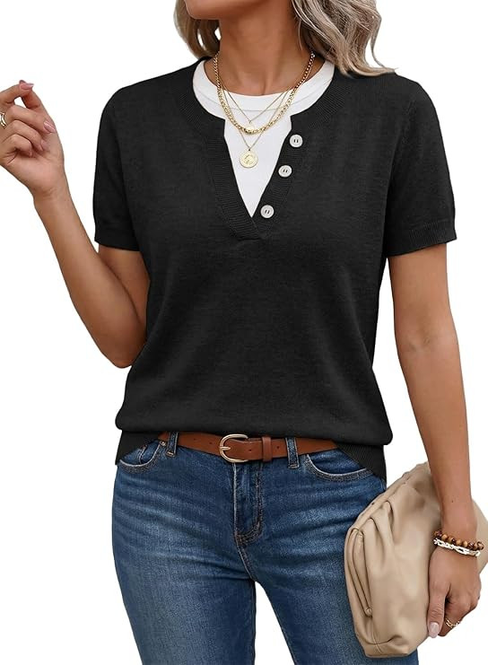 SHEWIN Womens Sweaters Short Sleeve Color Block Tops Lightweight Summer Spring Shirts Business Ca... | Amazon (US)