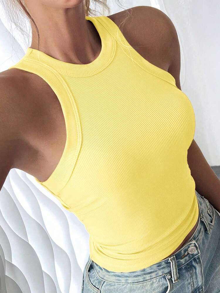 SHEIN Women's Yellow Ribbed Tank Top,Summer Round Neck Fitted Casual Solid Color Vest Top For Sum... | SHEIN