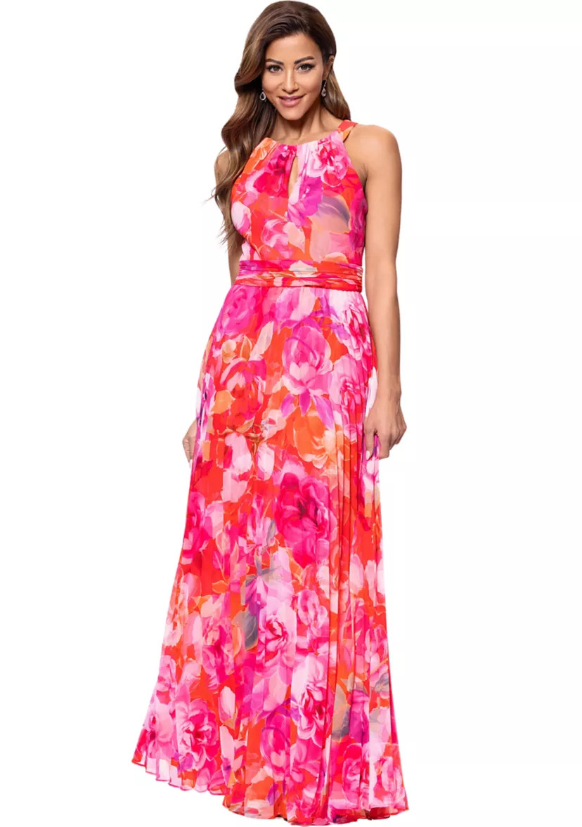 Women's Halter Neck Floral Printed Chiffon Gown | Belk