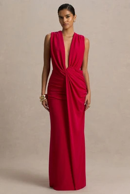 Serafina | Red Extreme-Plunge Maxi Dress With Ruched Detailing And Open-Back | Club L London