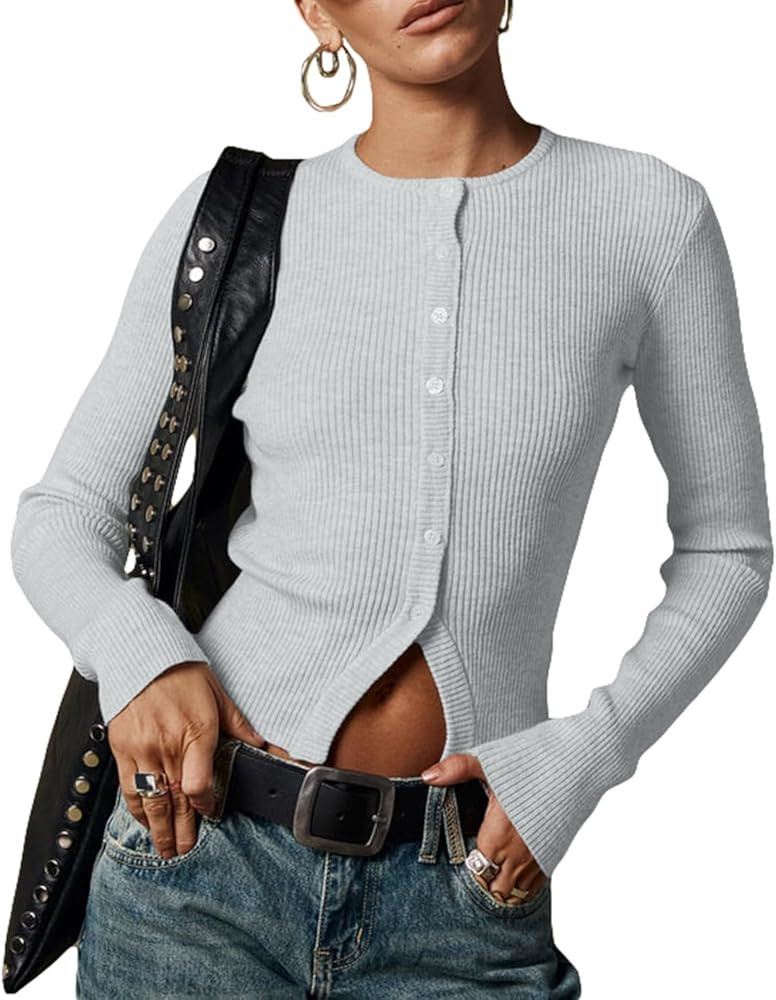 Women Casual Front Open Button Down Ribbed Cropped Cardigan Y2k Crewneck Slim Fit Long Sleeve Swe... | Amazon (US)