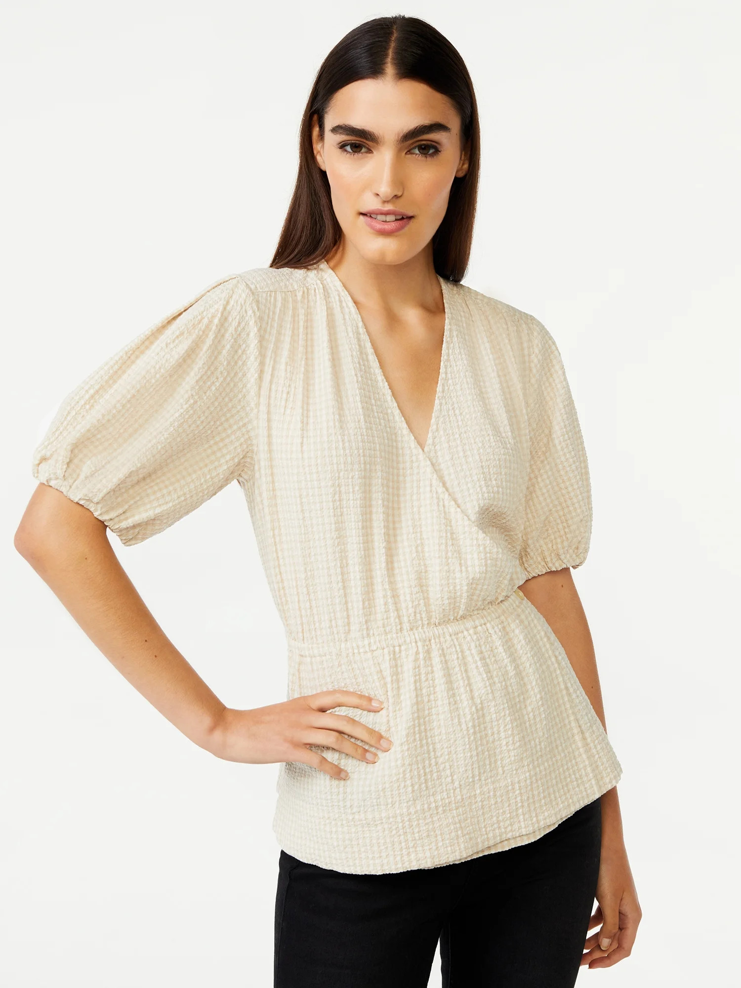Free Assemble V-Neck Faux Wrap Top - Walmart.com | Walmart (US)