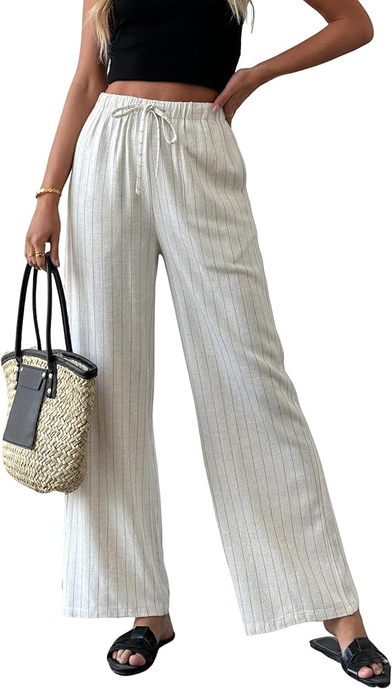 heipeiwa Women's Linen Pants Striped Summer Boho Straight Wide Leg Beach Lounge Casual Trousers | Amazon (US)