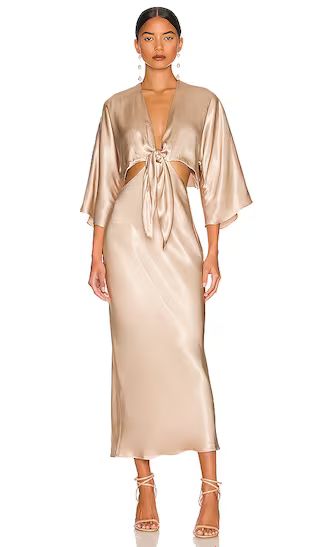 La Lune Tie Front Bias Midi Dress in Gold | Revolve Clothing (Global)