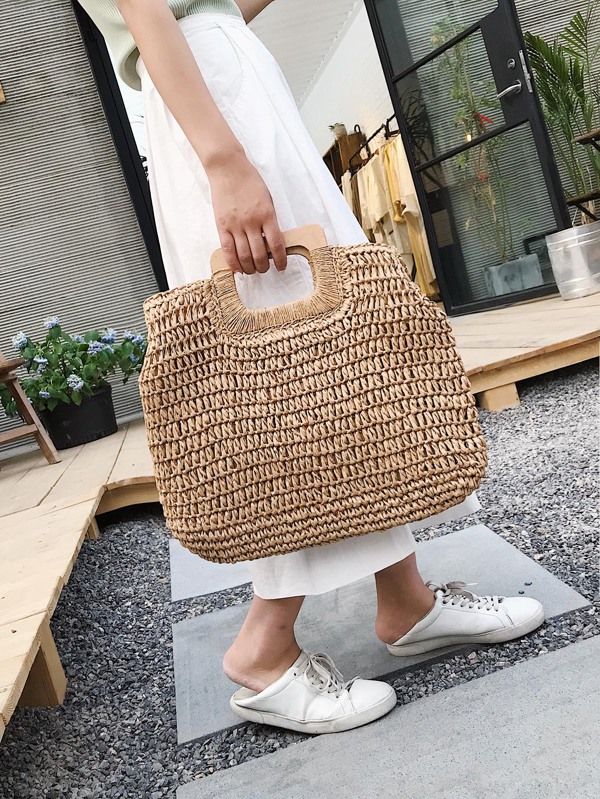 Braided Tote Bag With Wooden Handle | SHEIN