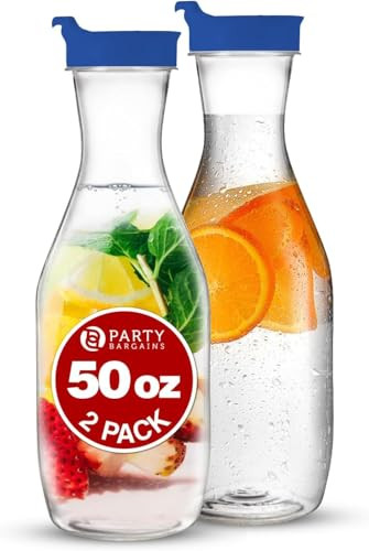 PARTY BARGAINS 50 oz. Plastic Carafe with Lids - Clear, 2 Count, Blue Flip Tab Lid Premium Quality & Heavy Duty Plastic Pitcher for Iced Tea, Powdered Juice, Cold Brew, Mimosa Bar Blue Cap | Amazon (US)