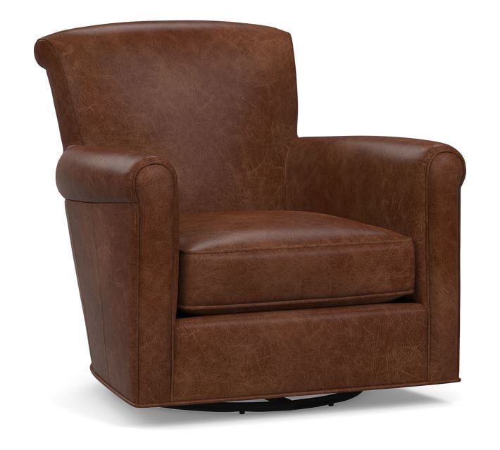 Irving Roll Arm Leather Swivel Armchair, Polyester Wrapped Cushions, Performance Carbon | Pottery Barn (US)