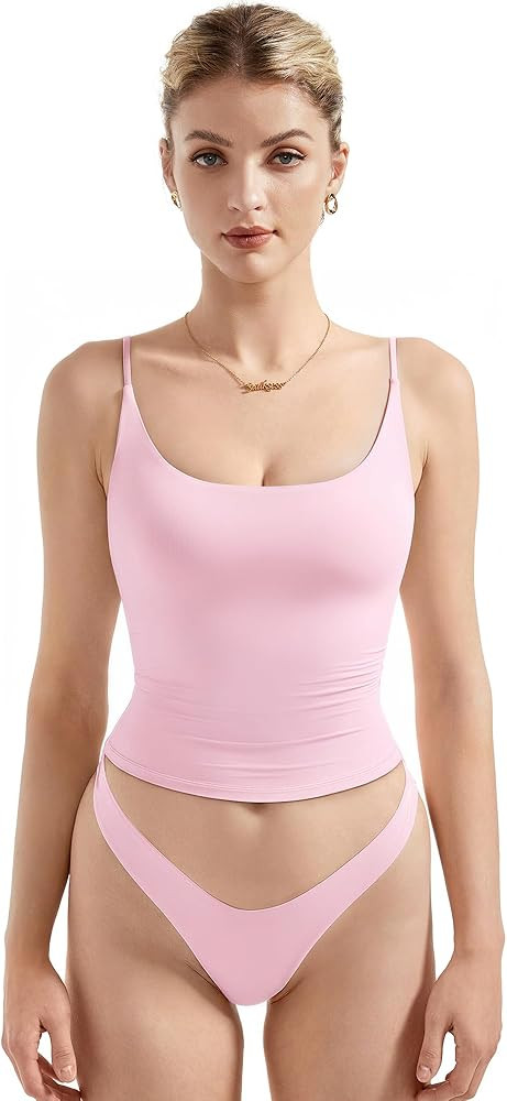SUUKSESS Women Padded Scoop Neck Tank Tops Double Line Going Out Basic Camisole Top | Amazon (US)