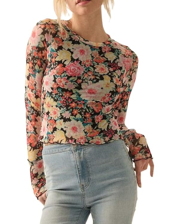 Women Floral Mesh Long Sleeve Top Sexy See Through Slim Fit Shirt Lace Layering Blouse Undershirt... | Amazon (US)