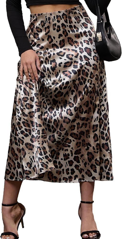 Nihsatin Women's Leopard Print Satin Skirt – Elegant A-Line Maxi Skirt for Casual and Formal We... | Amazon (US)