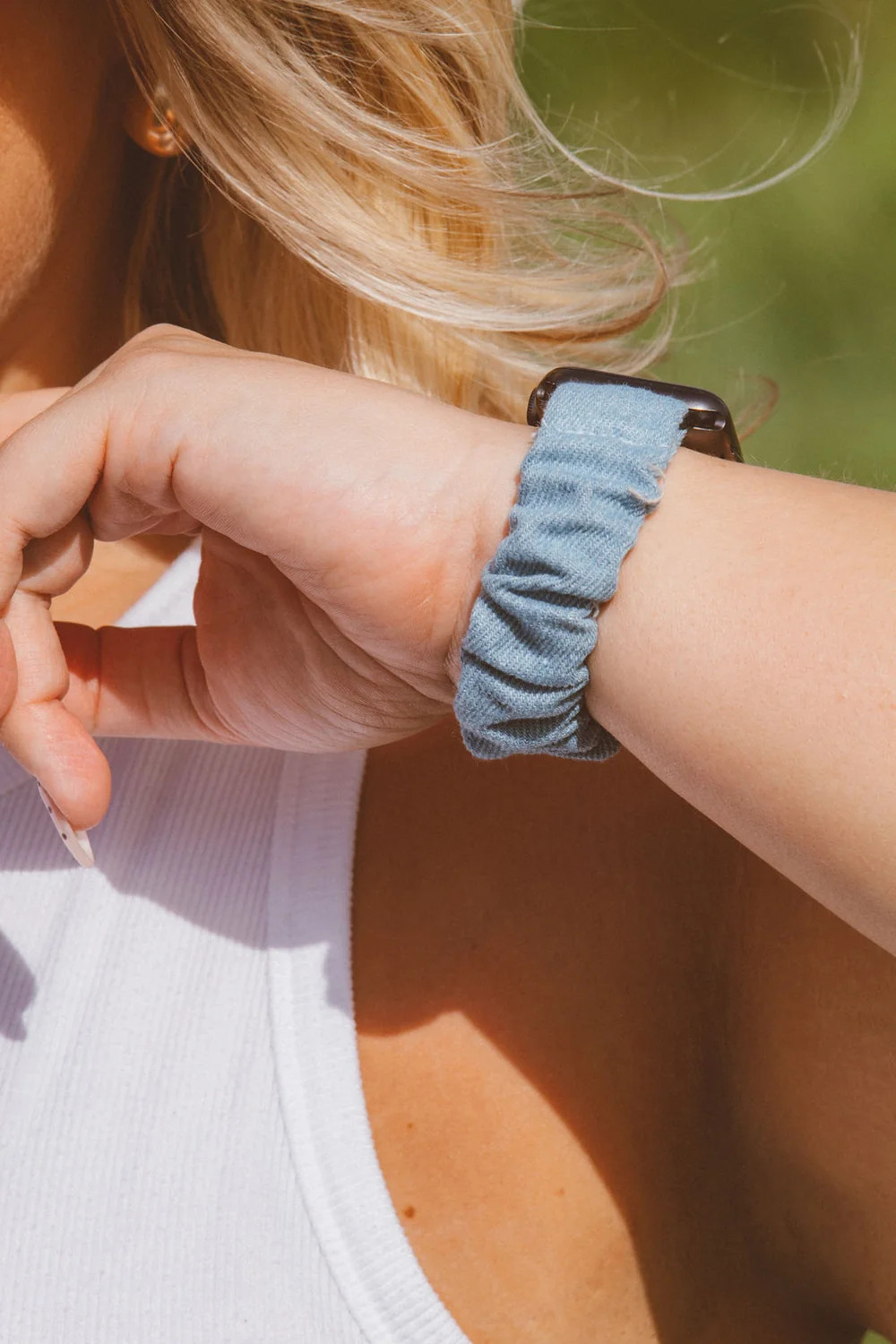 Baby Blue Jean Scrunchie Watch Band | Shop Andi