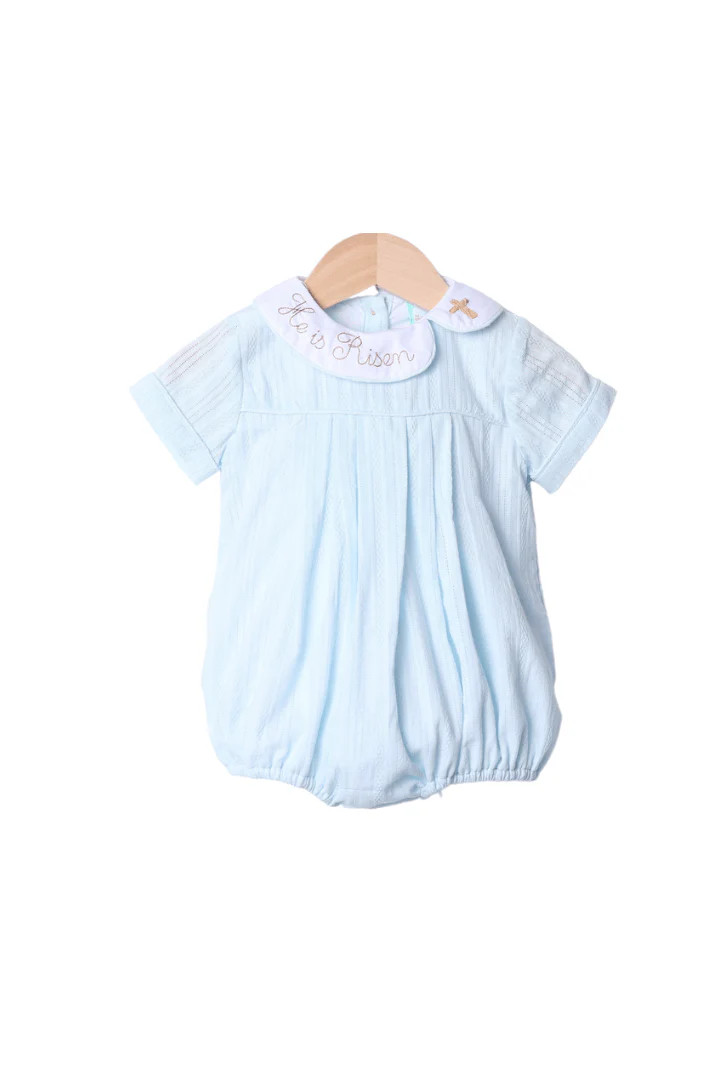 He Is Risen Blue Linen Bubble | The Smocked Flamingo