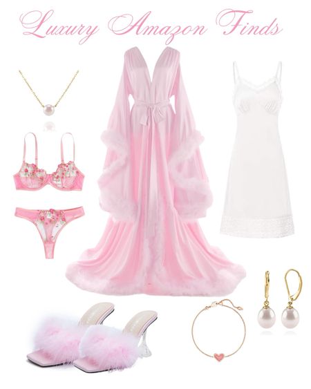 luxury amazon finds 🎀 #amazonfinds #furtrimrobe #pinksatin #slipdress #pinkheels #pearls