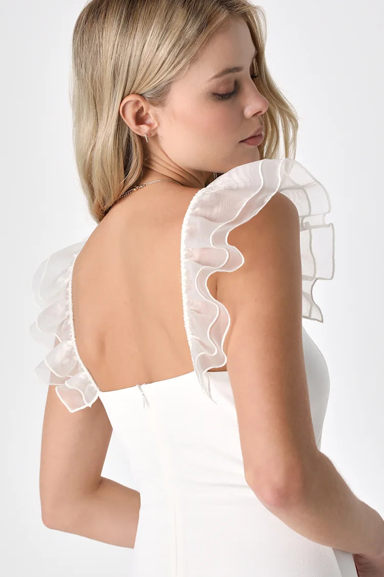 Angelic Appearance White Ruffled Bodycon Midi Dress | Lulus