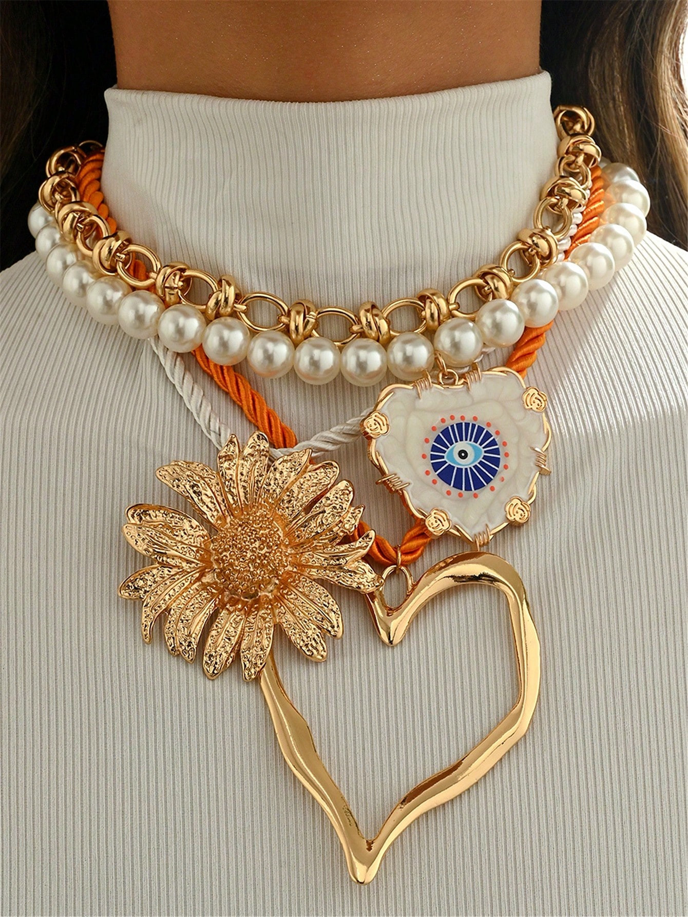 Chunky Jewelry Thick Metal Feel Sweater Chain, Handmade Faux Pearl Necklace, Fashion Thorn Heart ... | SHEIN