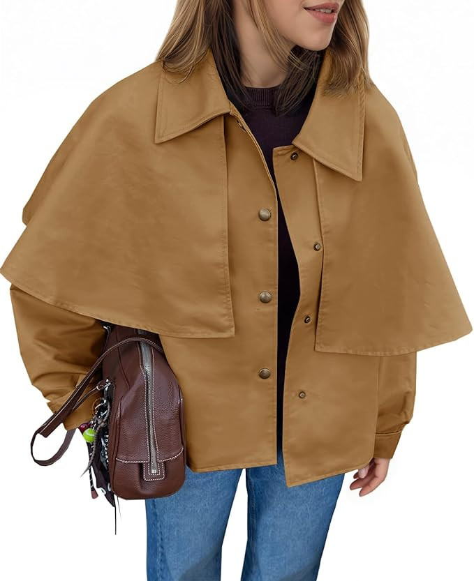 Tankaneo Womens Cropped Trench Coat Casual Lapel Single Breasted Cape Sleeve Short Jacket 2025 Fa... | Amazon (US)