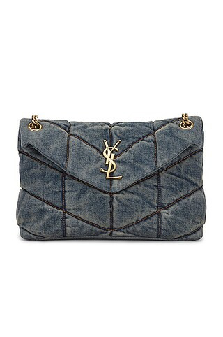 Saint Laurent Small Puffer Monogramme Chain Bag in Rodeo Blue & Cinnamon | FWRD | FWRD 