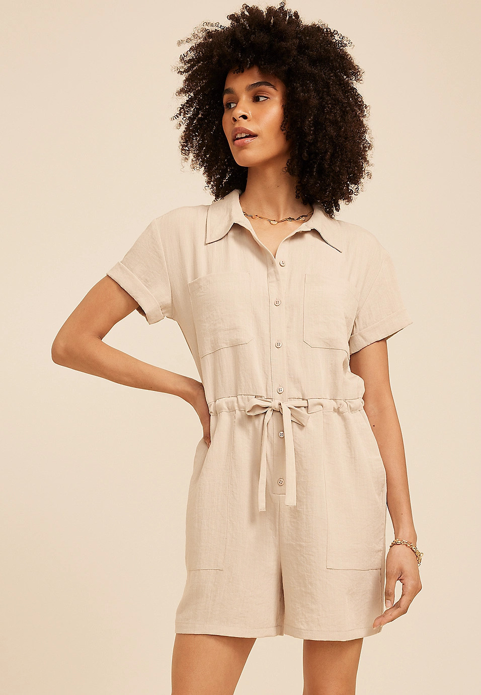 Short Sleeve Button Down Utility Romper | Maurices