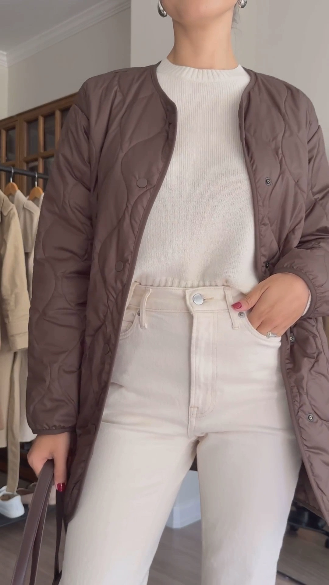 Everlane sweaters 

Wearing xs in tops: 
Boxy cashmere sweater — sold out, linked to a few similar styles 
Honeycomb sweater 
Quilted collarless jacket — linked to this year’s style 

#LTKSeasonal