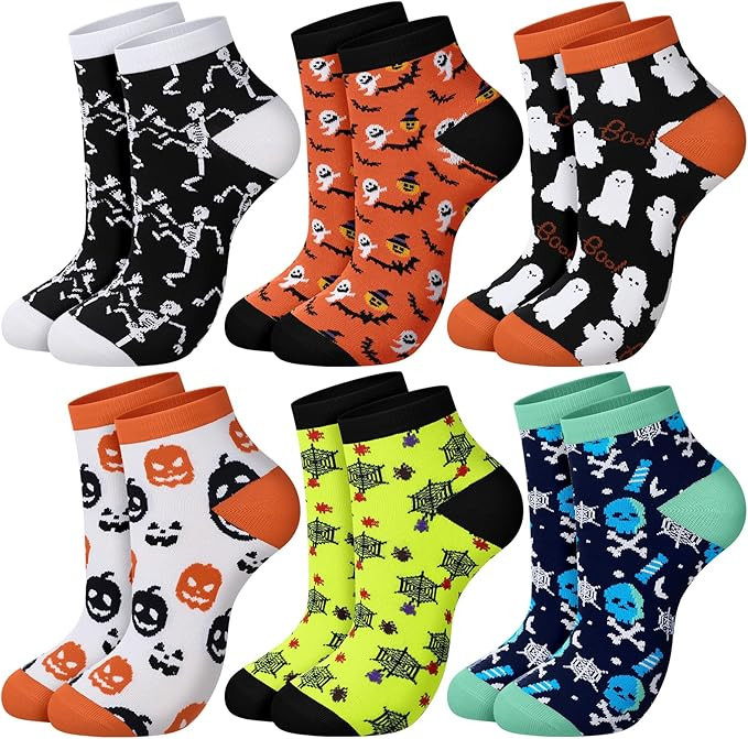 6 Pairs Halloween Socks for Women Novelty Funny Halloween Low Cut Socks Colorful Cute Bats Pumpki... | Amazon (US)