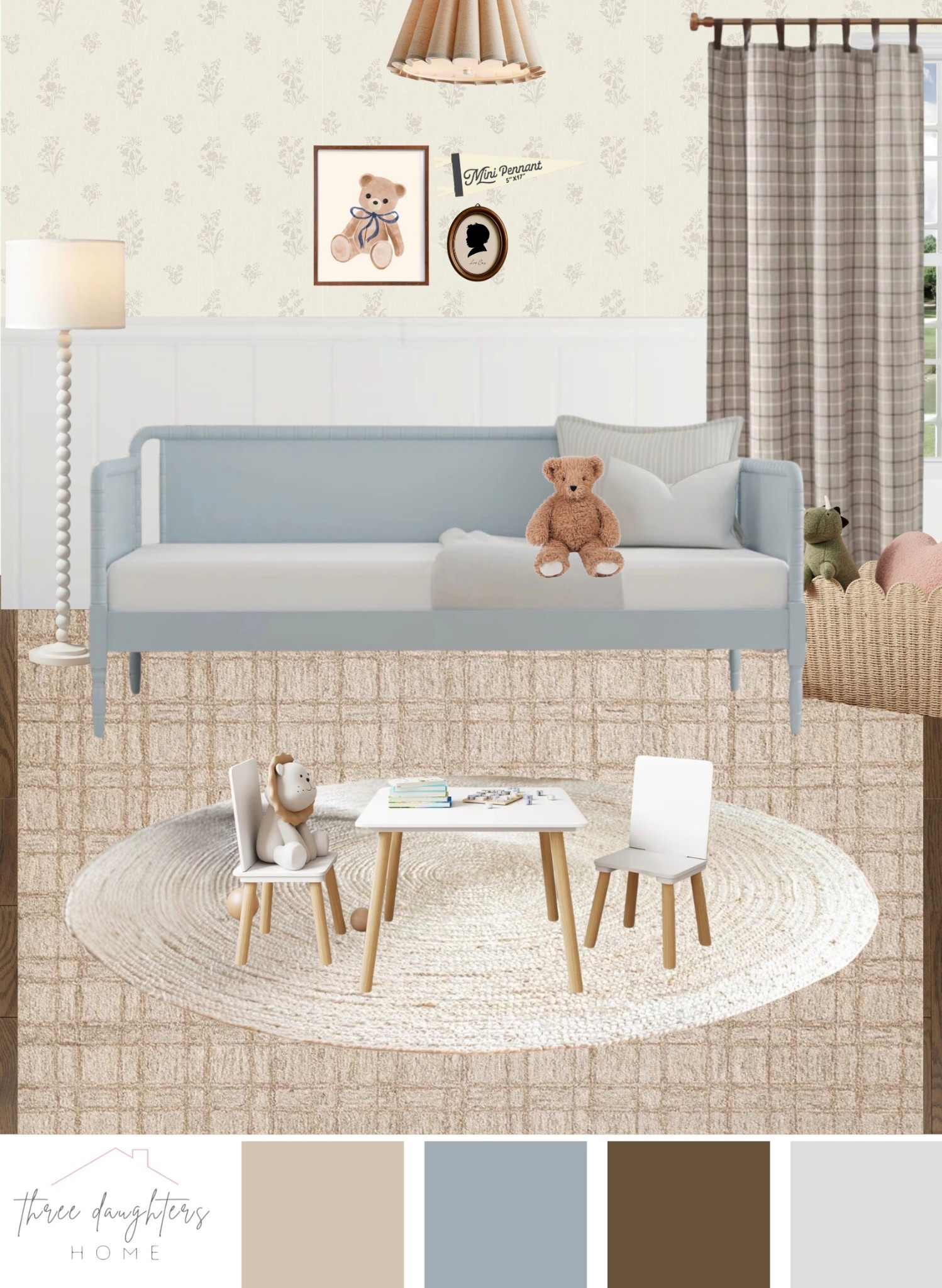 toddler room, gender neutral, toddler boy room, toddler girl room, playroom, kids table, daybed, kids bed, scallop basket, plaid curtains, kids room rug, kids room design

#LTKBaby #LTKHome #LTKKids