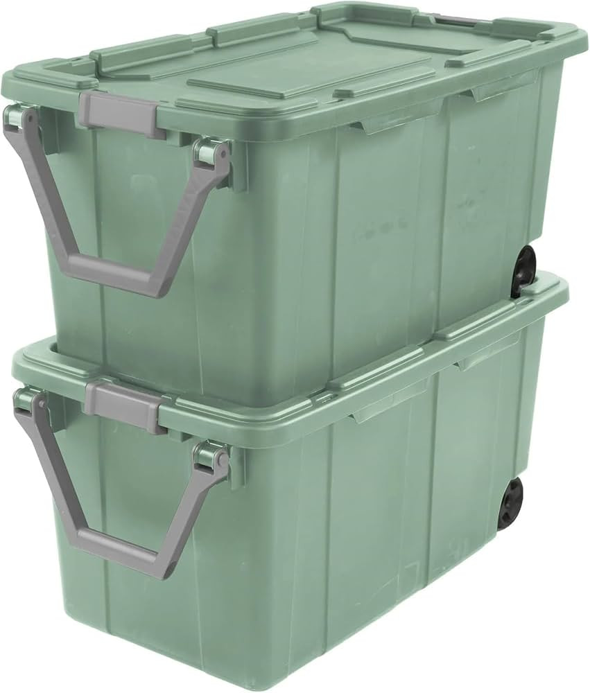 Storage Bin 40 Gallon 160 Qt Wheeled Industrial Tote Plastic Rolling Stacker Storage Box, Tough L... | Amazon (US)