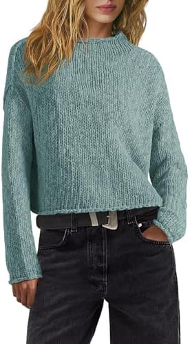 Panadila Womens Mock Neck Cropped Sweater Oversized Chunky Knit Pullover Sweaters Fall Long Sleev... | Amazon (US)