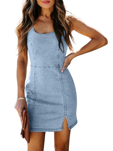 utcoco Denim Dress for Women 2025 Sexy Sleeveless Small Cute Split Tube Dresses Bodycon Mini Jean Dresses (X-Large, Light Blue) | Amazon (US)