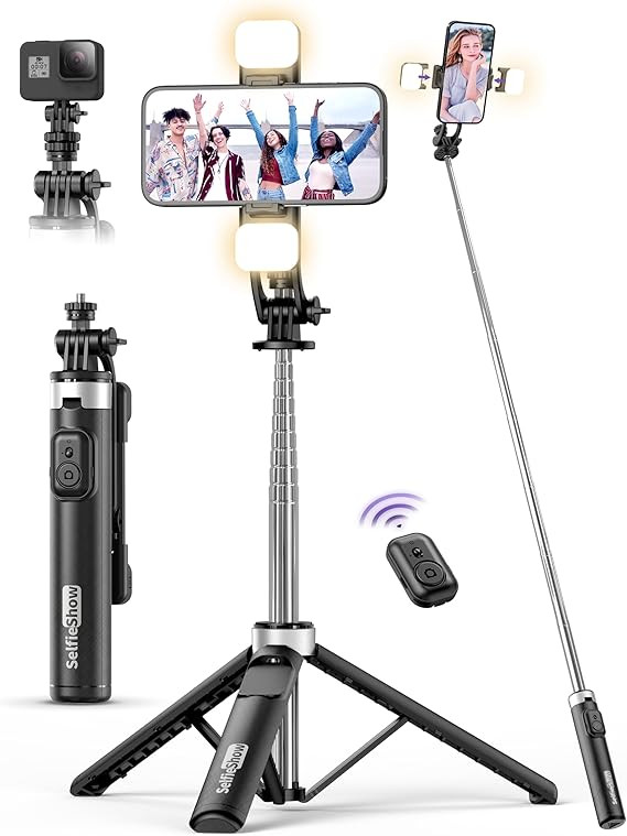 53'' Selfie Stick Tripod with Light, Extendable Selfie Stick with Remote, Portable Cell Phone Tri... | Amazon (US)