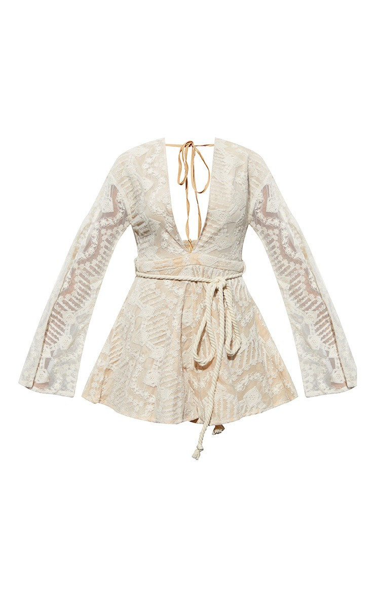 Nude Lace Flare Sleeve Rope Belt Playsuit | PrettyLittleThing UK