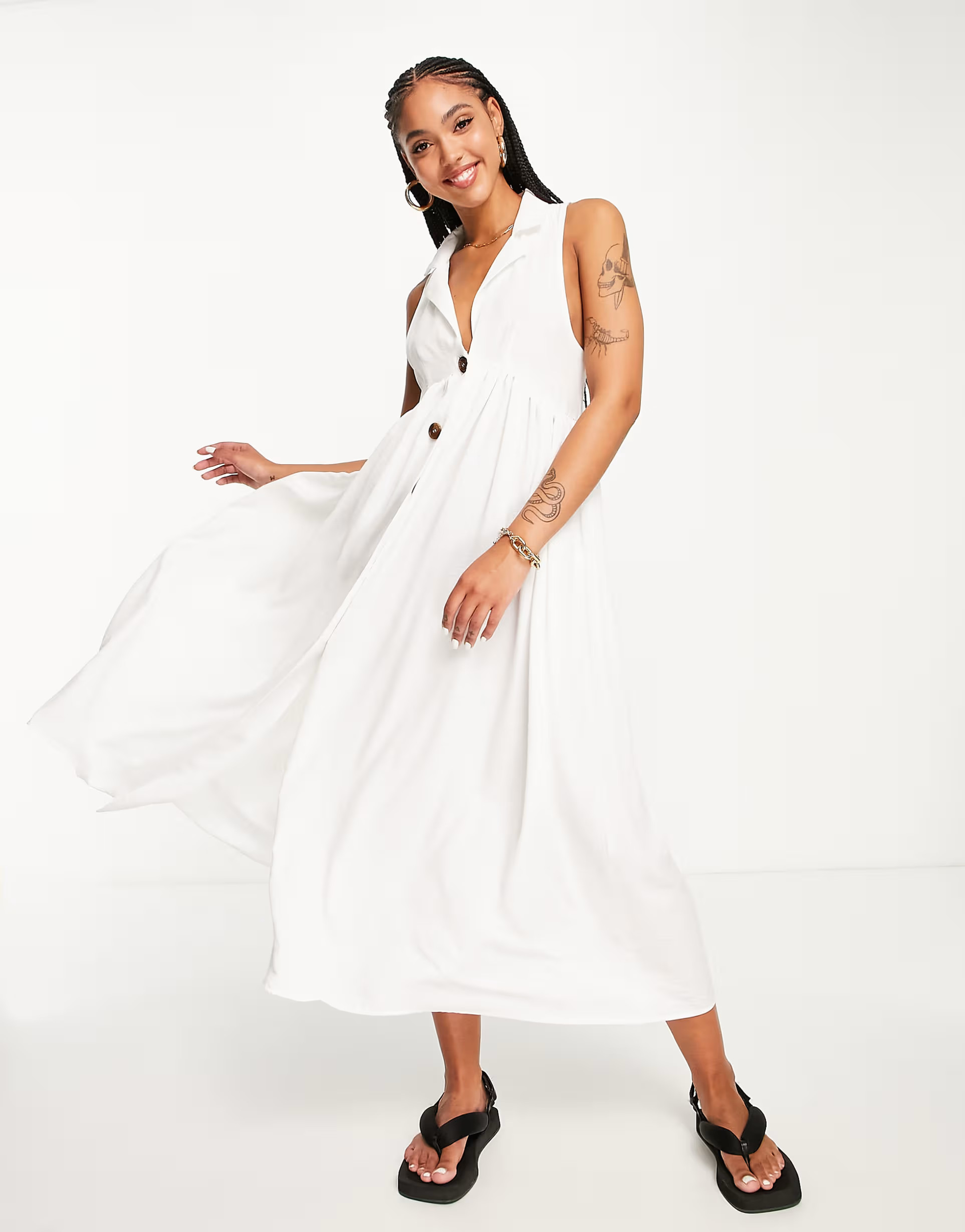 ASOS DESIGN collared button through midi smock dress in white | ASOS (Global)