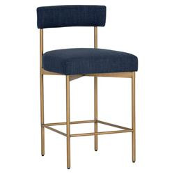 Sunpan Seneca Industrial Navy Blue Upholstered Antique Brass Steel Counter Stool | Kathy Kuo Home