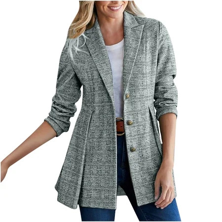 Womens Plaid Blazers for Work Casual Buttons Suit Jackets Pleated Woolen Blazer Long Sleeve Fashion  | Walmart (US)