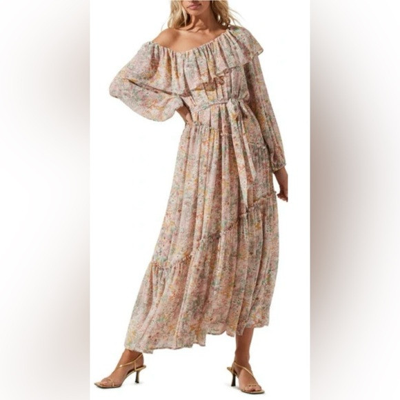 ASTR the Label Kaylani Ruffle Tie Waist Long Sleeve Maxi Dress in Pink | Poshmark